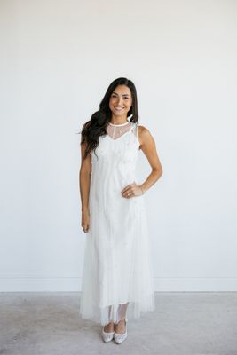 Pearl Beaded Mesh Midi Dress