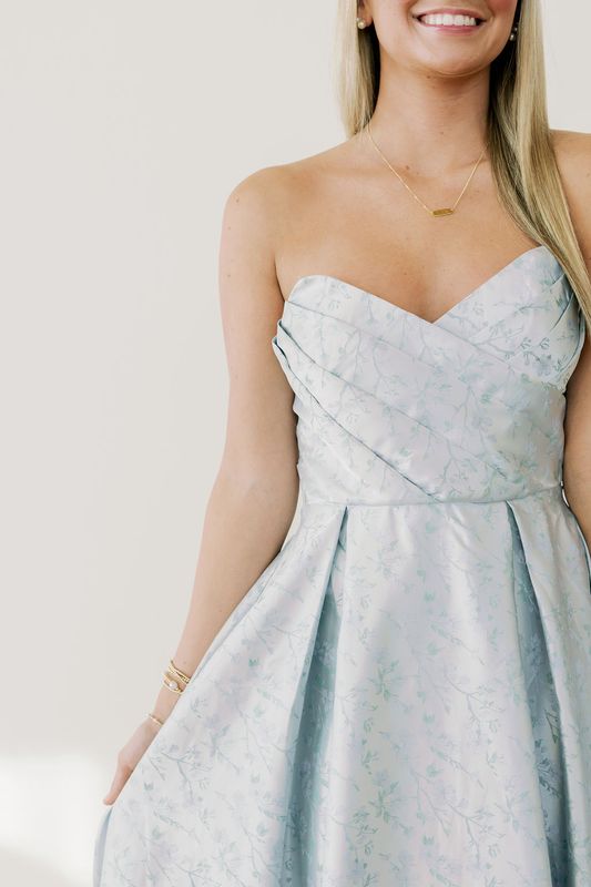 Floral Jacquard Satin Strapless Midi Dress