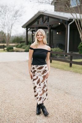 Cow Print Satin Midi Skirt 