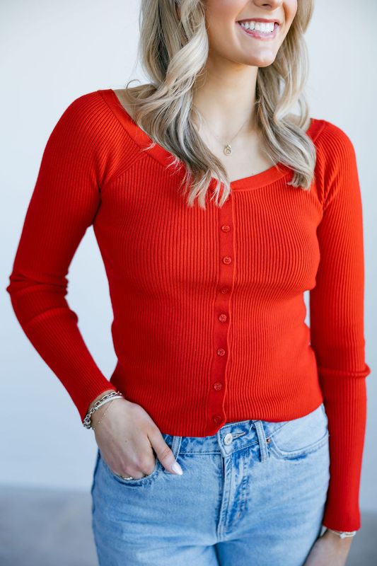 Off Shoulder Ribbed Button Up Sweater Top