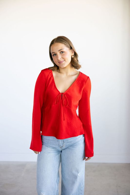 Deep V Neck W/ Tie Front Flare Sleeve Blouse