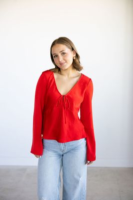 Deep V Neck W/ Tie Front Flare Sleeve Blouse
