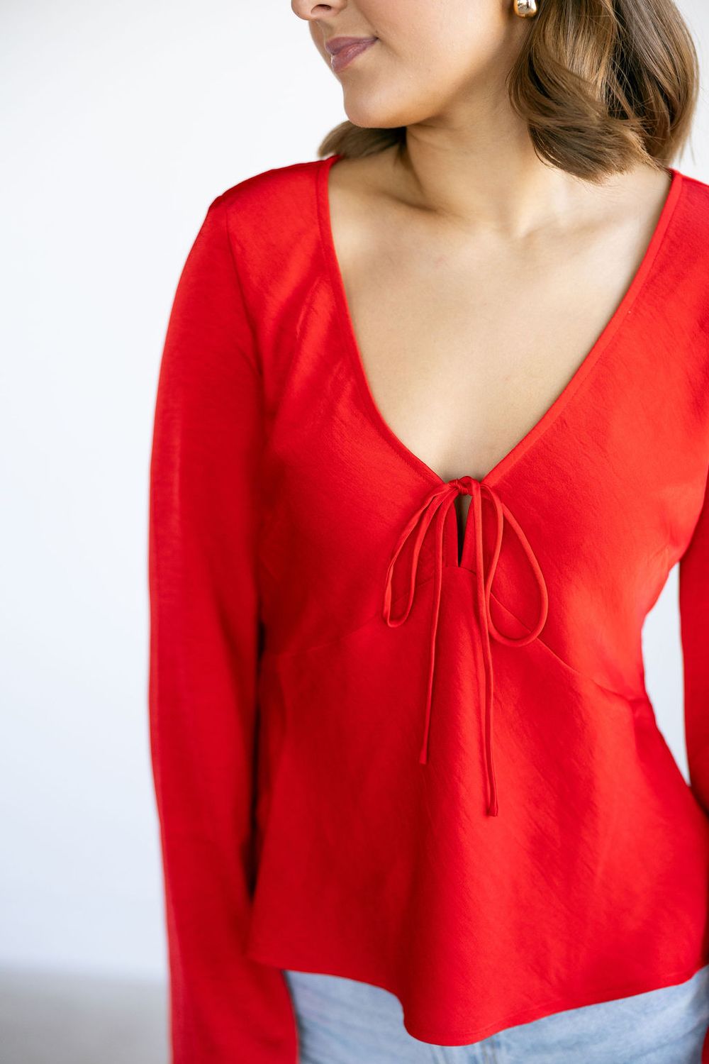 Deep V Neck W/ Tie Front Flare Sleeve Blouse