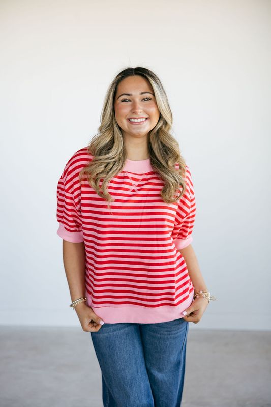 Short Sleeve Mock Neck Striped Lounge Sweatshirt