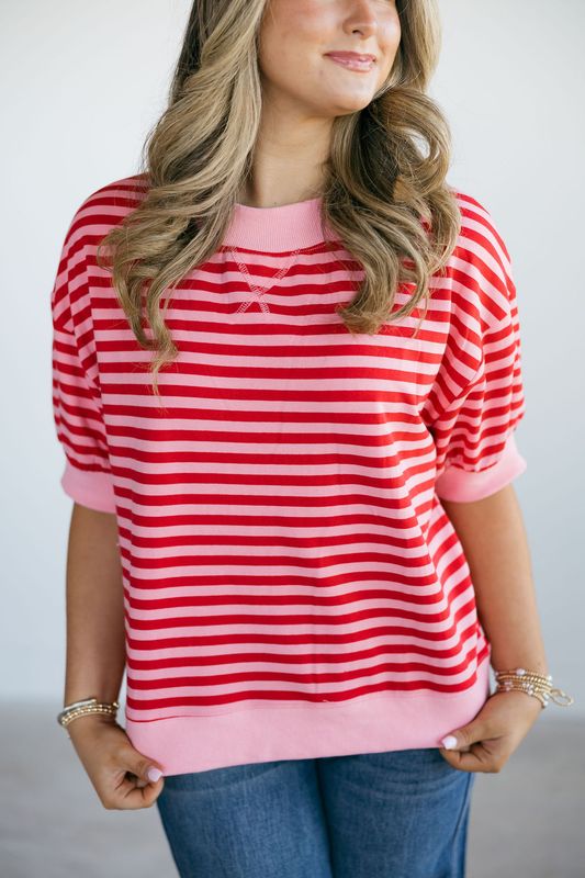 Short Sleeve Mock Neck Striped Lounge Sweatshirt