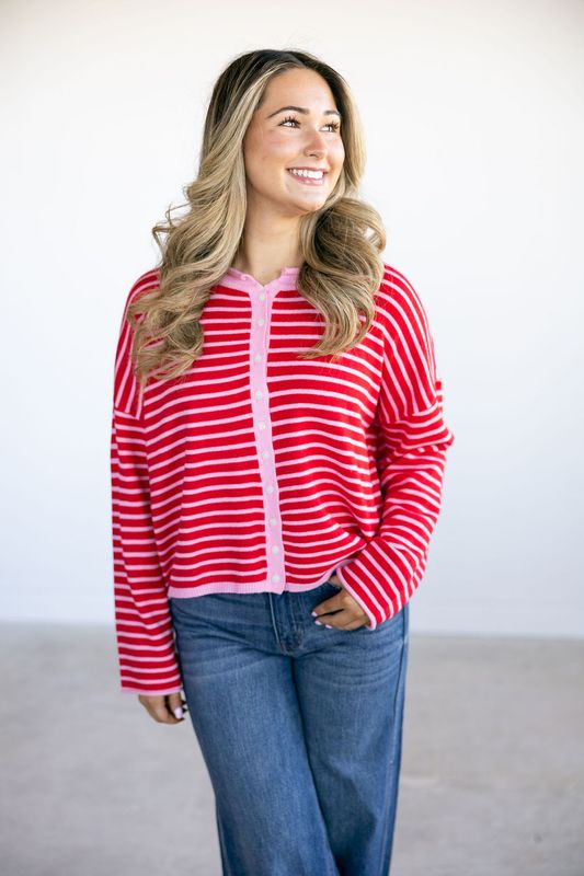 Button Down Cardigan Sweater W/ Contrast Trim