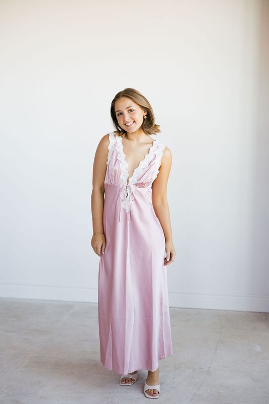 Deep V Neck w/ Lace Collar Trim Detail Maxi