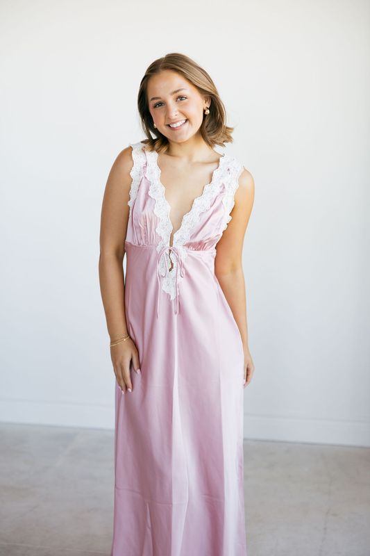 Deep V Neck w/ Lace Collar Trim Detail Maxi