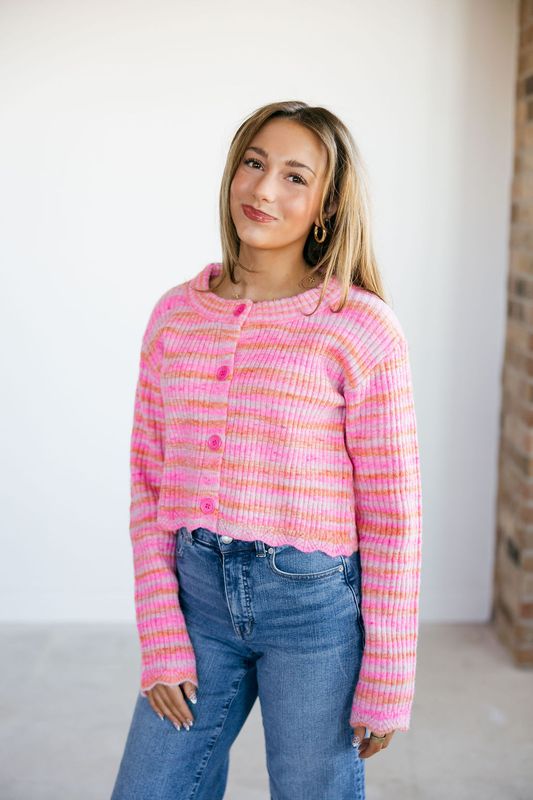 Knit Striped Button Down Scalloped Cardigan