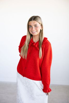 Knit Collared Ruffle Button Down Cardigan