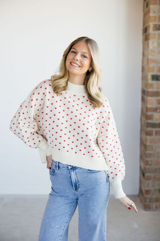 Heart Pattern Drop Shoulder Knit Sweater