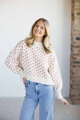 Heart Pattern Drop Shoulder Knit Sweater