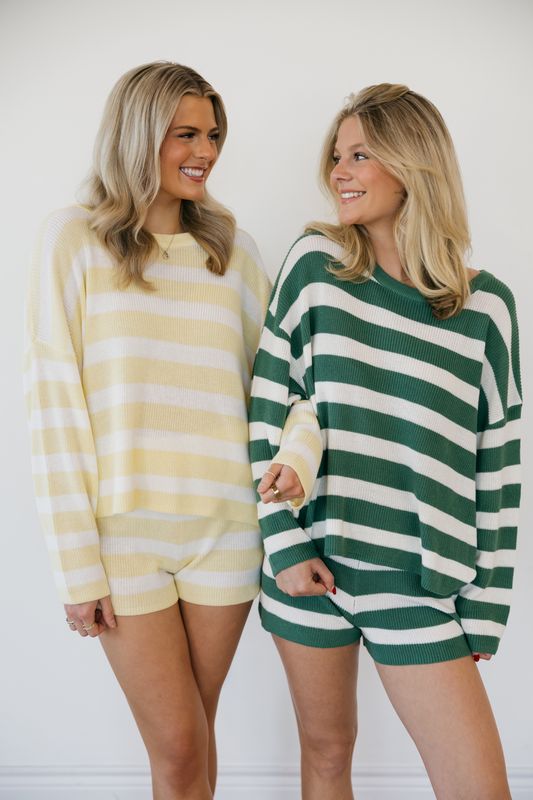 Striped Knit Long Sleeve  Shorts Set