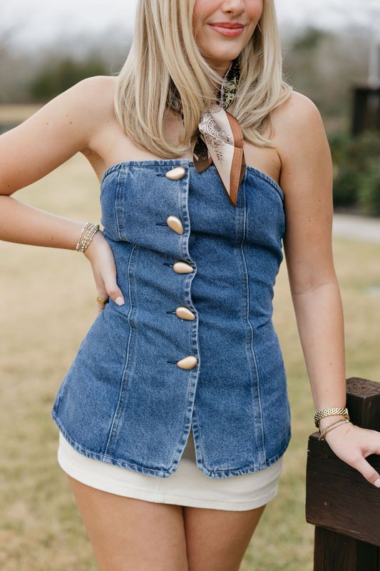 Denim Strapless Gold Button Down Top