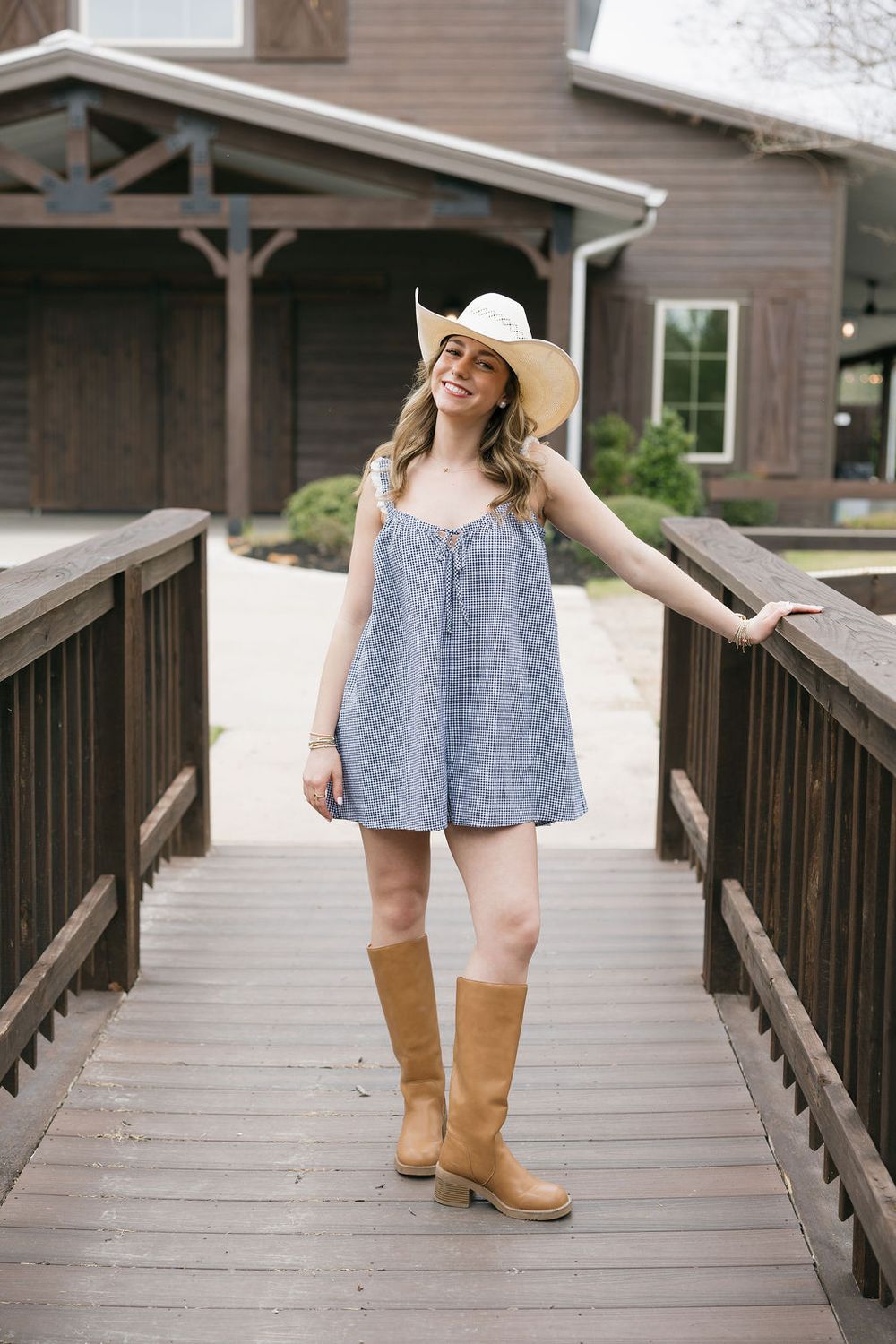 Gingham Eyelet Trim Romper, Color: - Navy, Size: - S