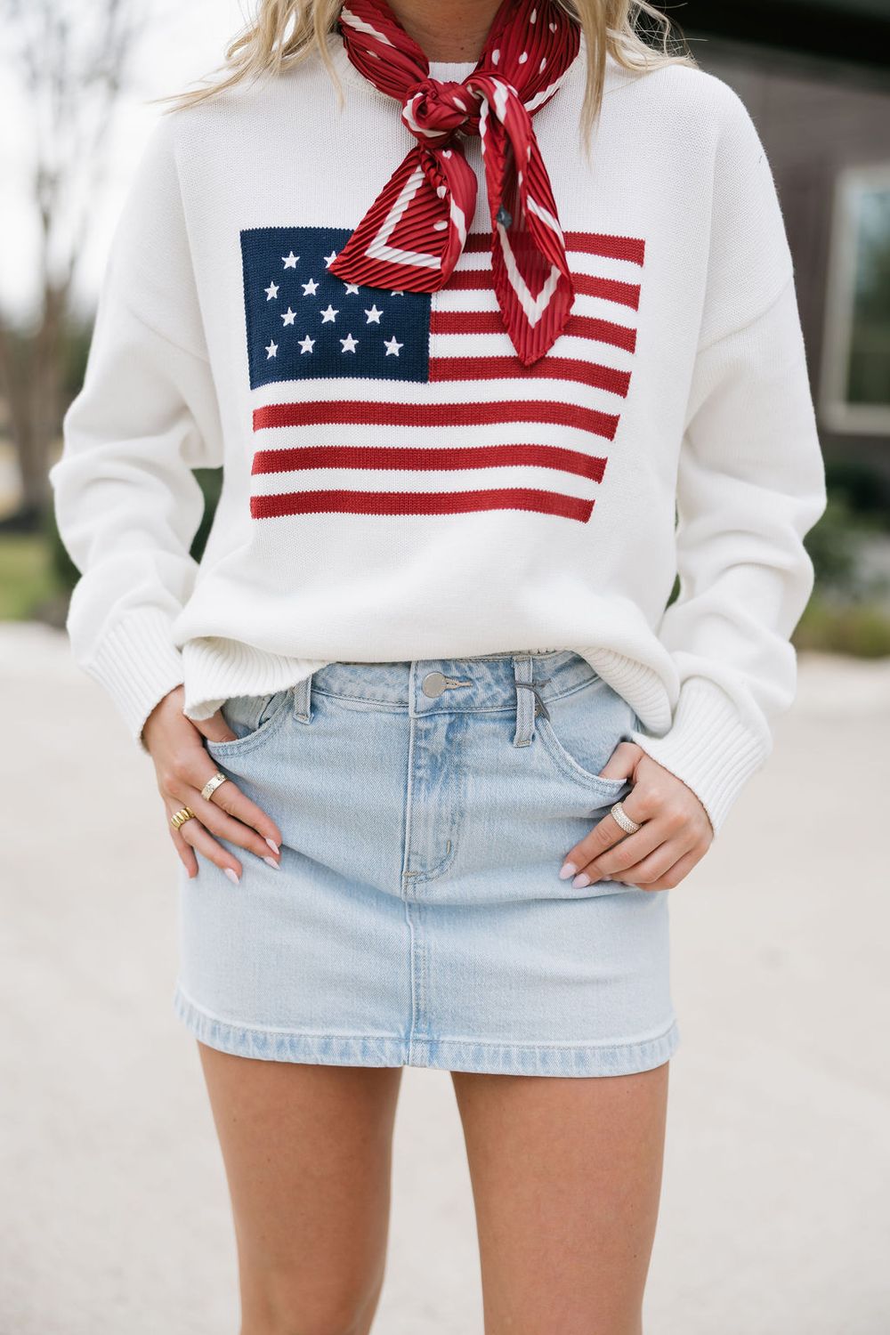 Knit Long Sleeve American Flag Sweater, Color: - White, Size: - S