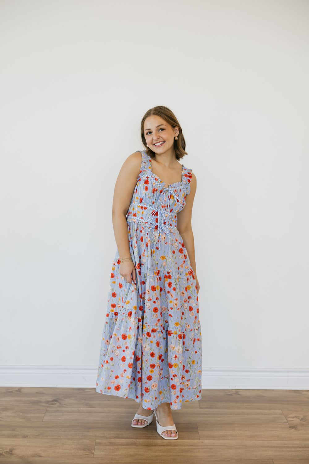 Wildflower Tiered Midi Dress W/ Gingham Trim