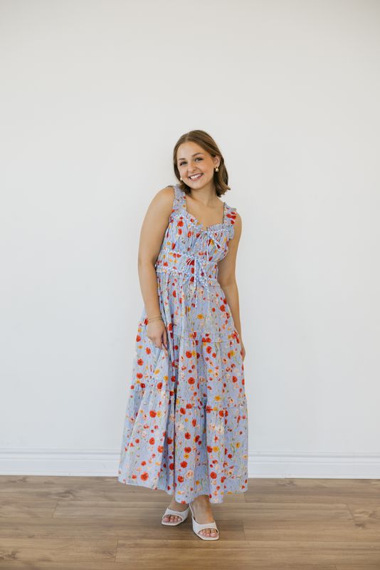 Wildflower Tiered Midi Dress W/ Gingham Trim