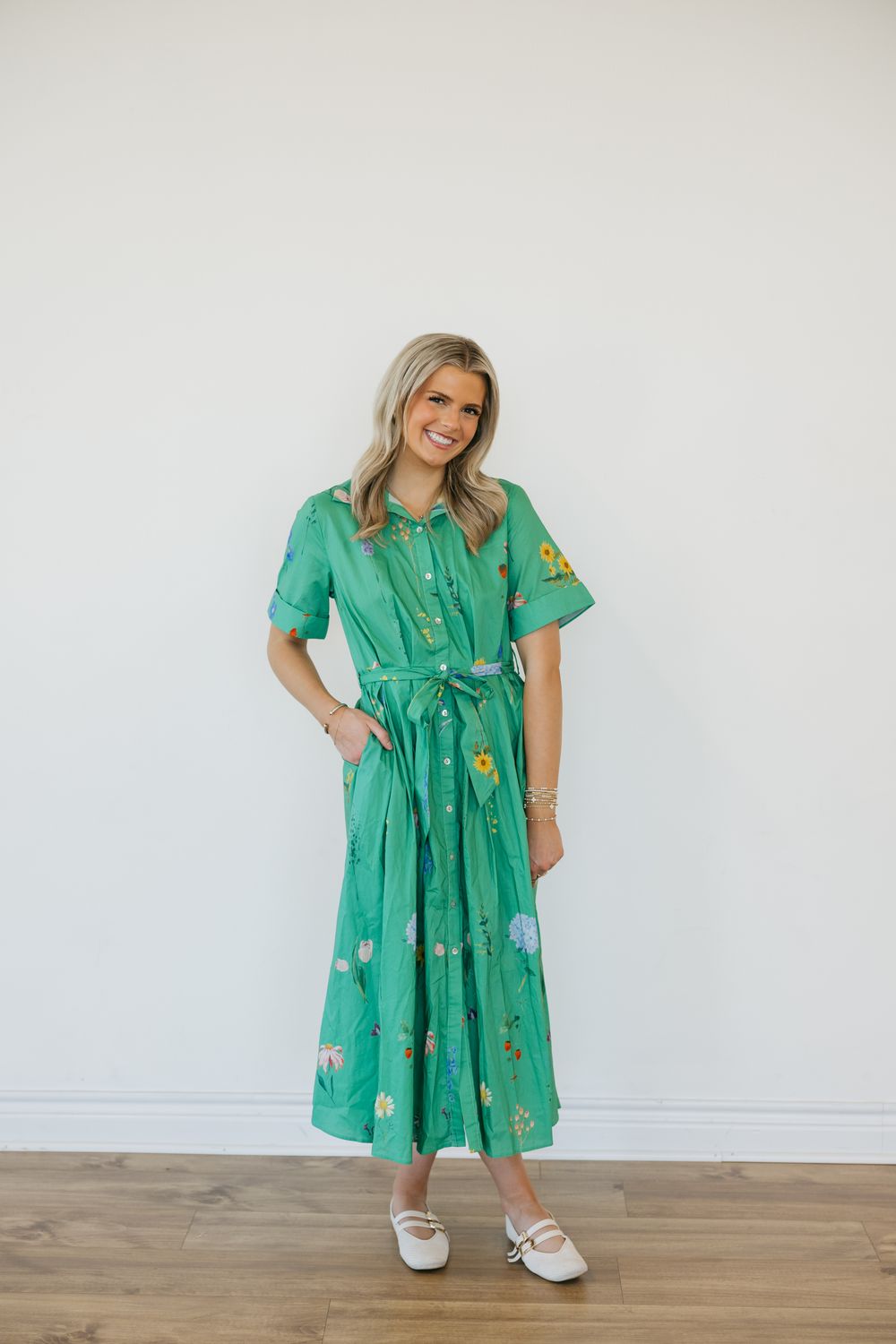 Button Down Belted Floral Midi