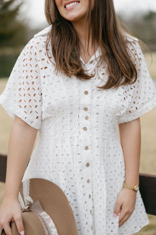 Eyelet Pintucked Button Down Dress