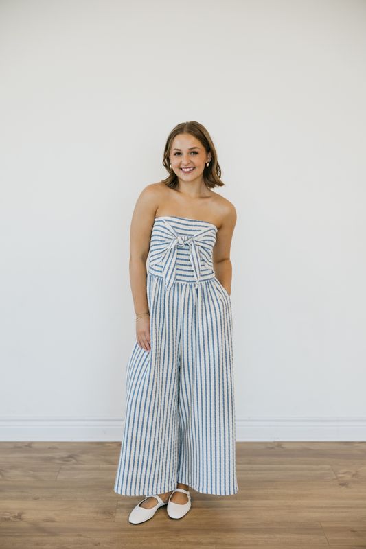 Strapless Tie Front Striped Jumpsuit