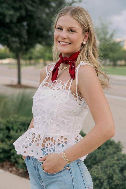 Eyelet Peplum Shoulder Tie Tank