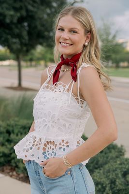 Eyelet Peplum Shoulder Tie Tank