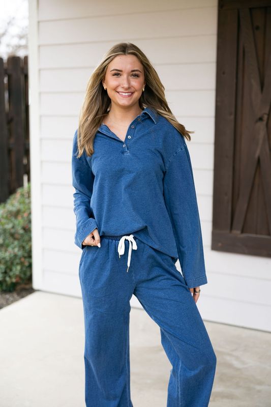 Denim Knit Button Down Polo