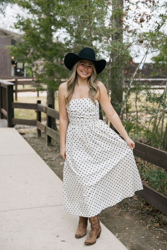 Polka Dot Strapless Midi Dress