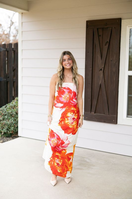 Strapless Floral A Line Tie Back Maxi Dress