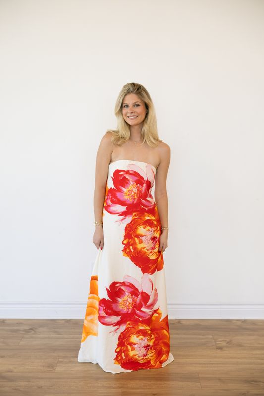 Strapless Floral A Line Tie Back Maxi Dress