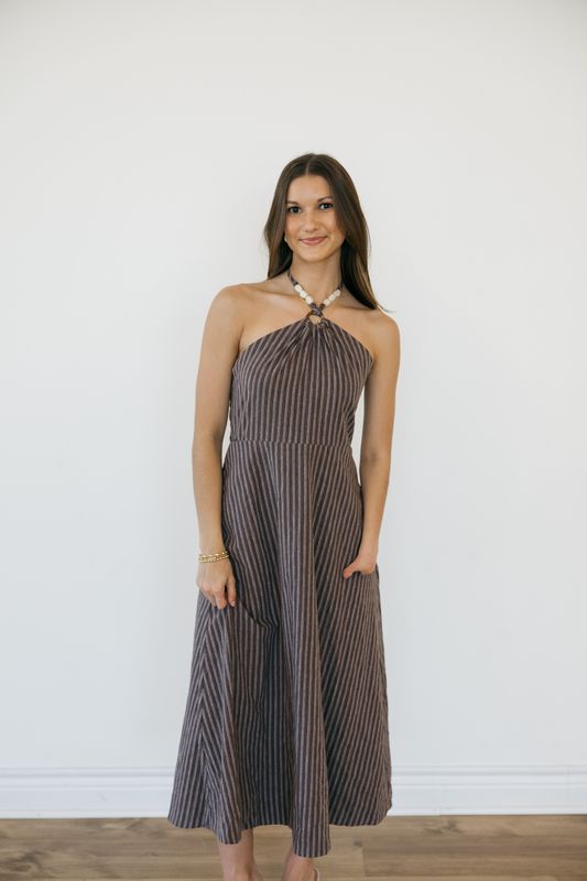 Linen Pinstripe Beaded Halter Maxi Dress