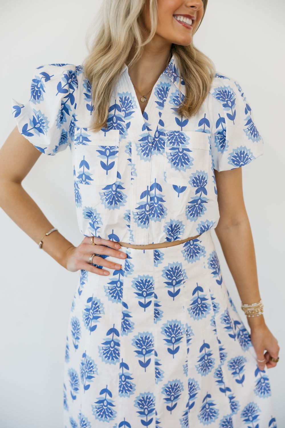 Blue Floral Puff Sleeve Blouse