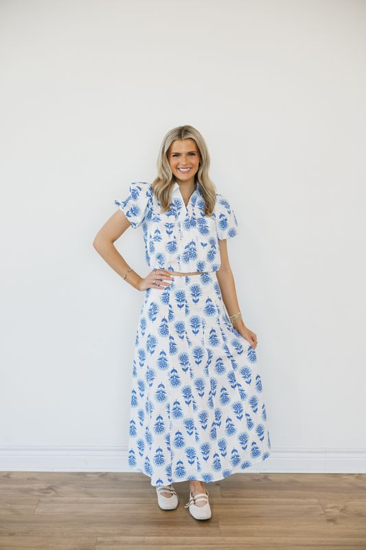 Blue Floral Midi Skirt