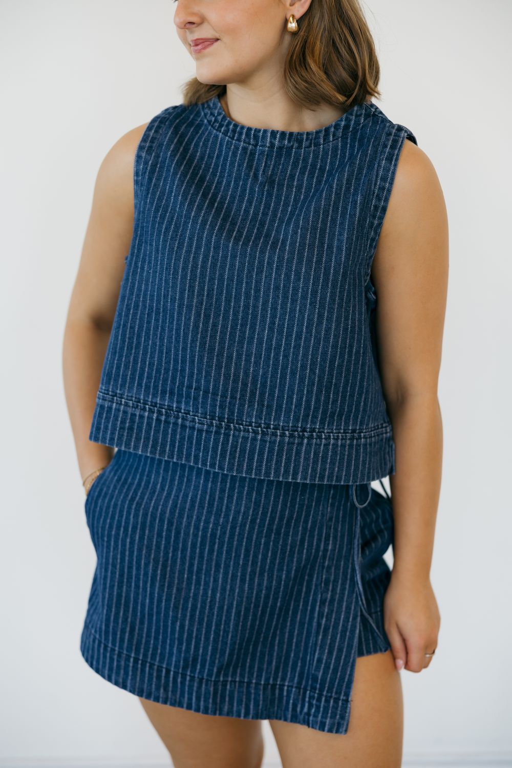 Denim Pin Stripe Side Tie Top