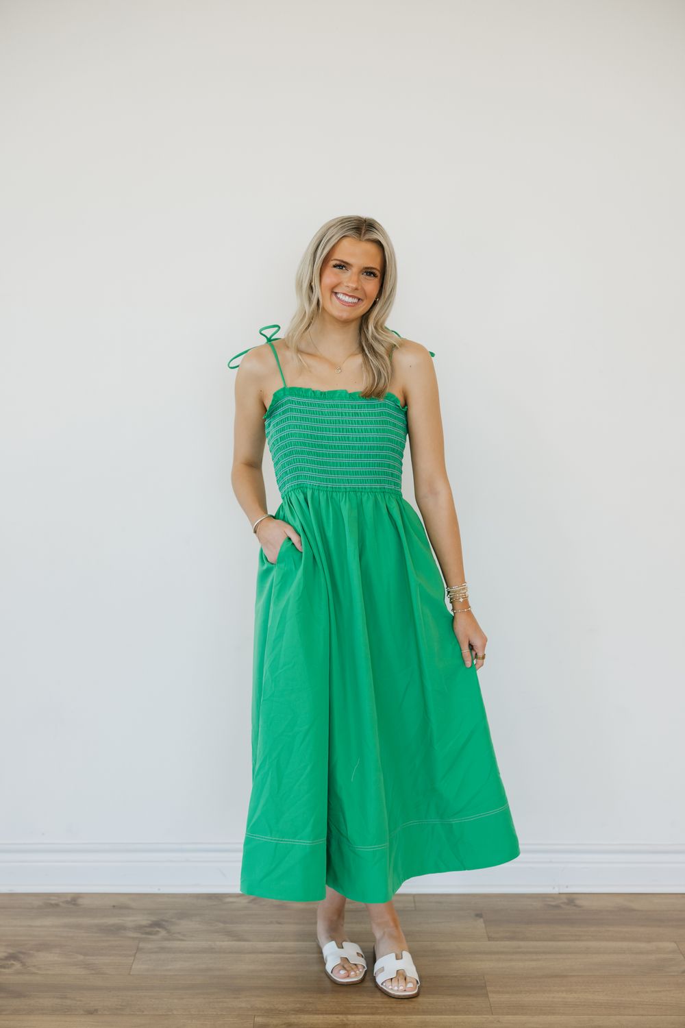 Smocked Shoulder Tie Midi Dress