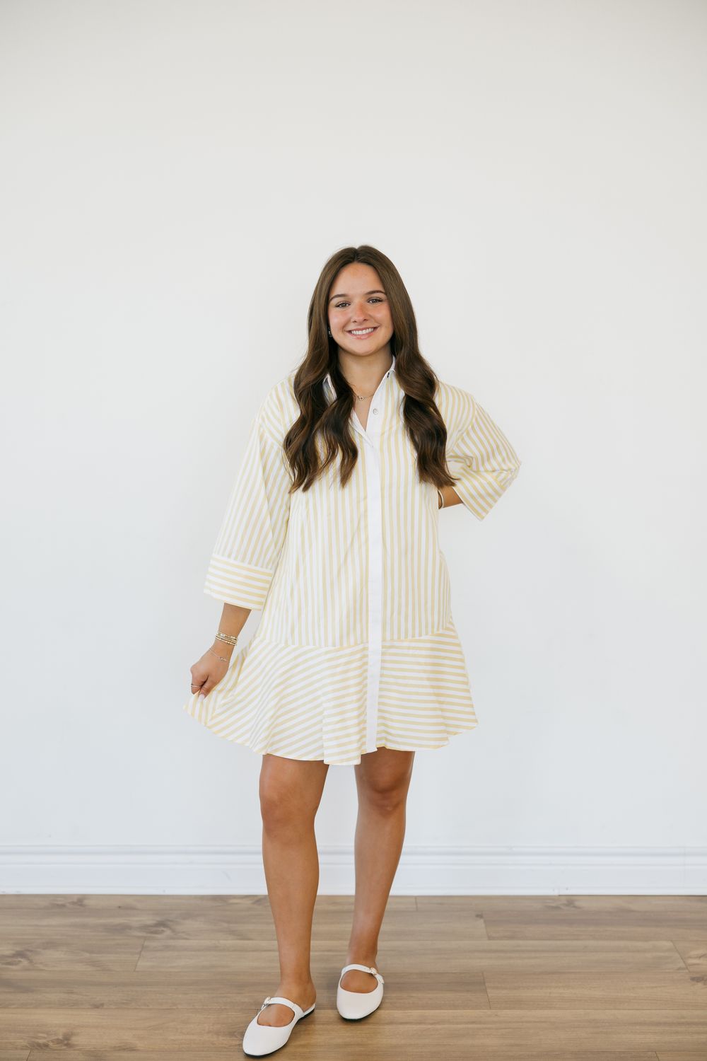 Striped Collared 3/4 Sleeve Mini Dress