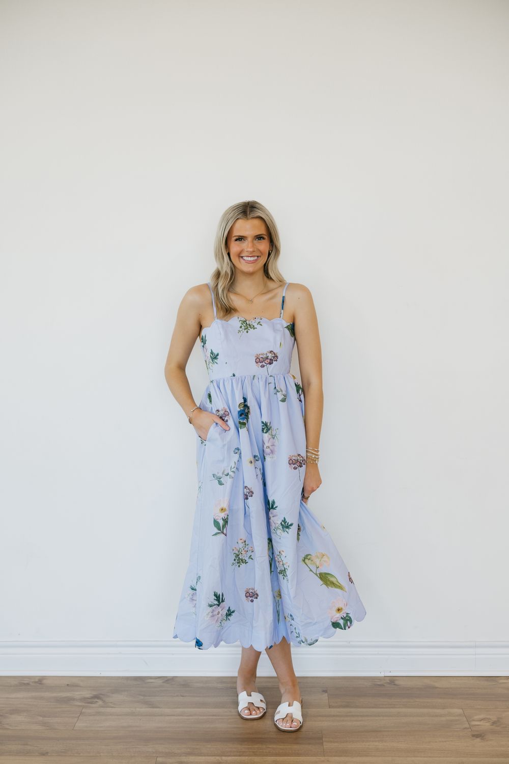 Shoulder Tie Floral Scalloped Midi Dress