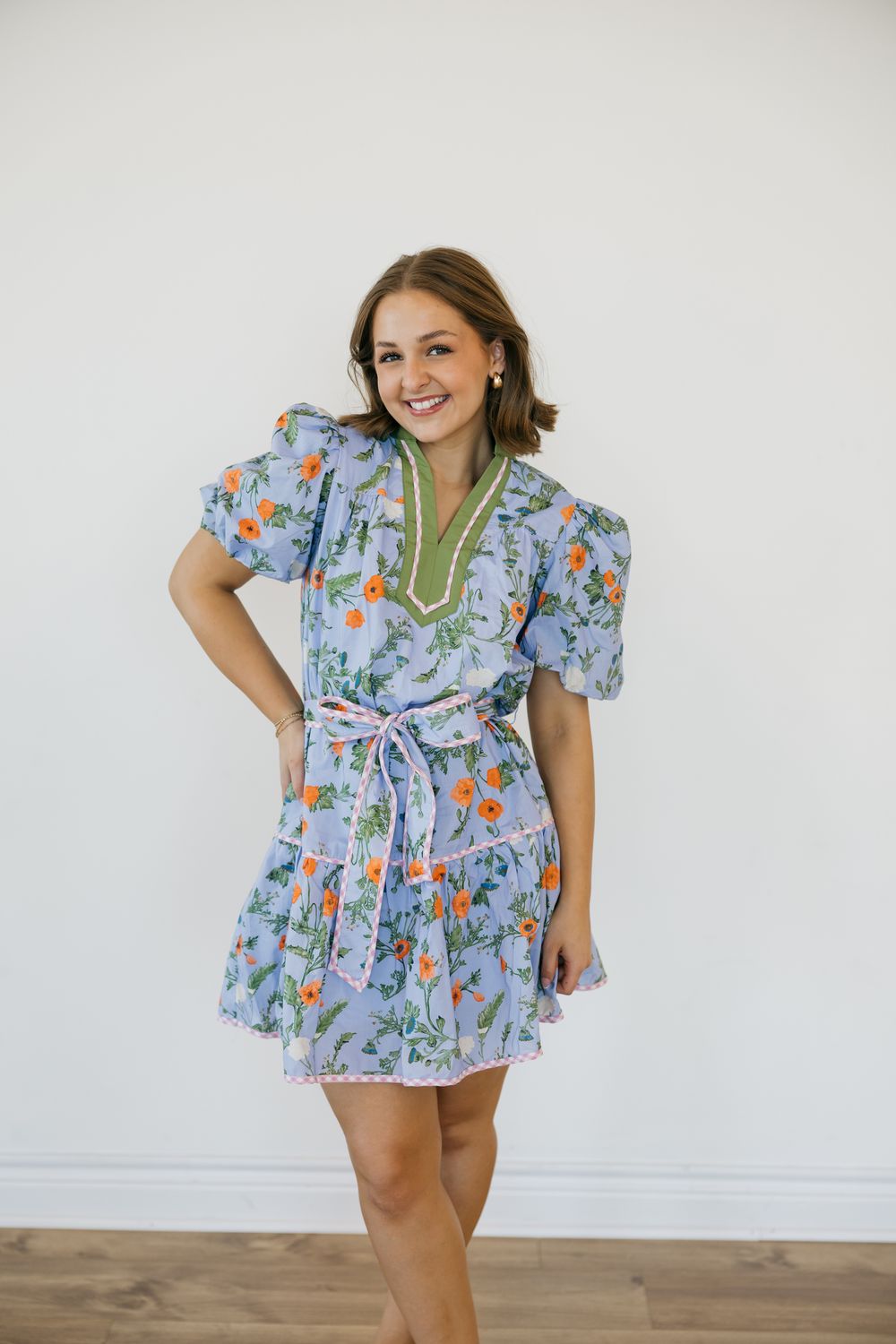 Ruffle Floral Print Short Puff Sleeve Mini Dress