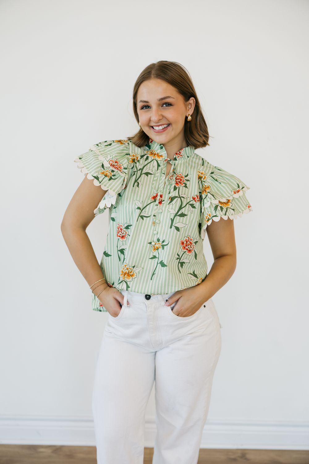 Stripe Floral Print Flutter Sleeve Top