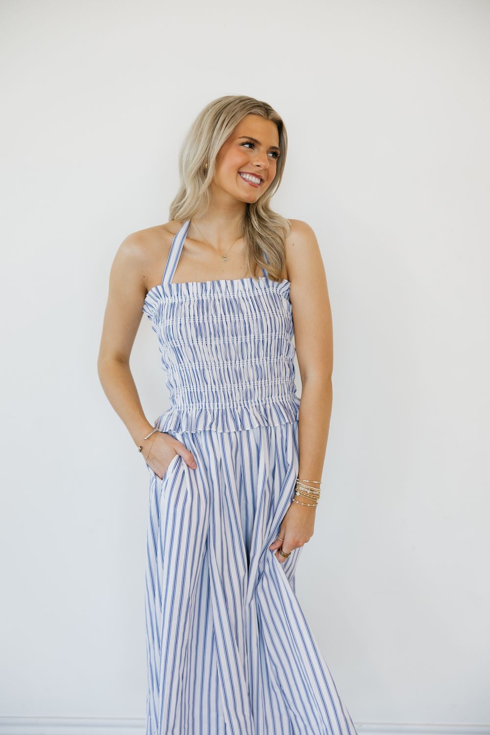 Striped Smocked Midi Dress