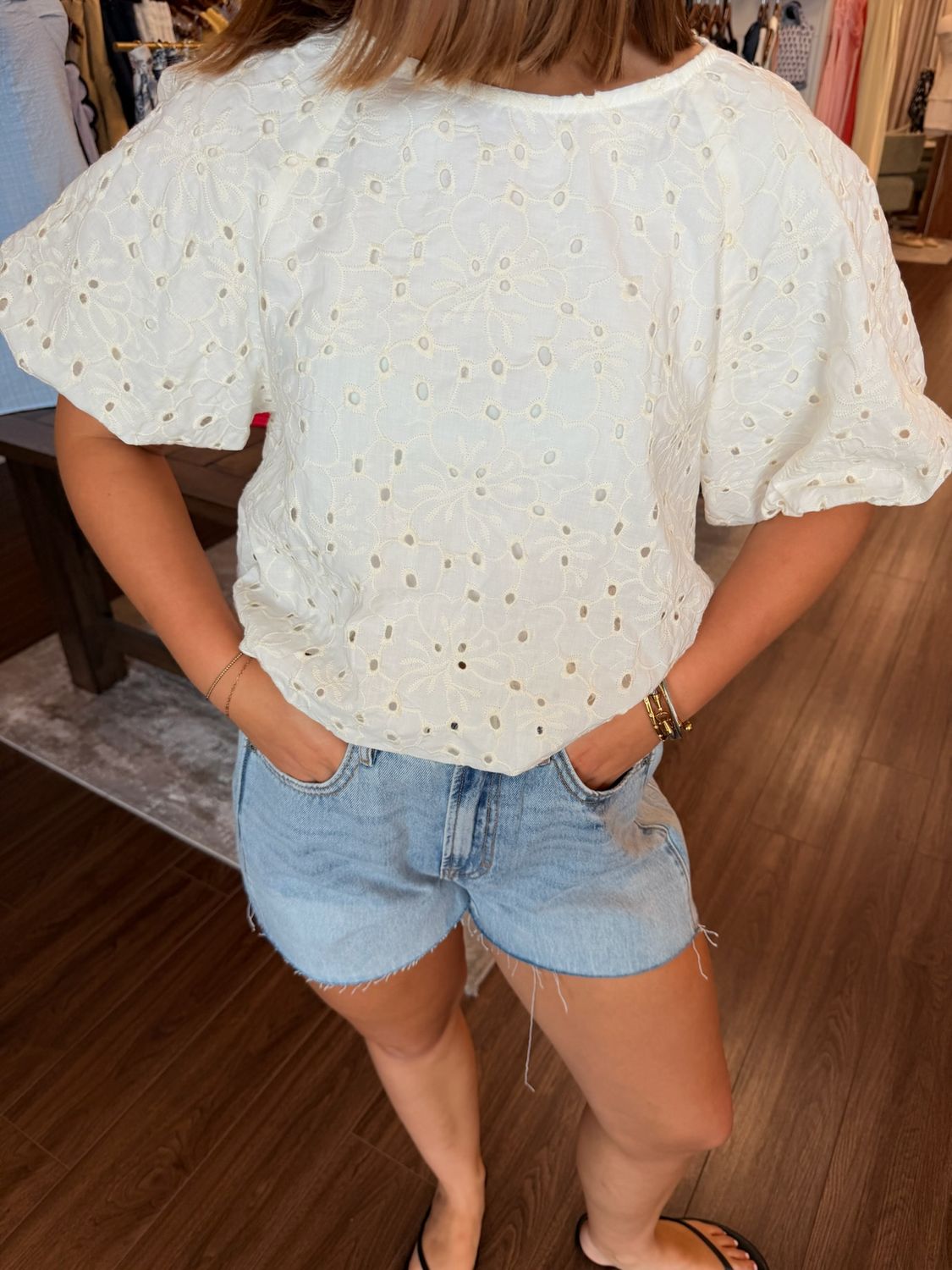 Eyelet Embroidered Bubble Sleeve Blouse