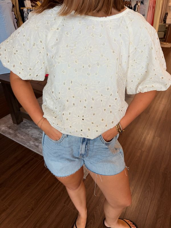 Eyelet Embroidered Bubble Sleeve Blouse