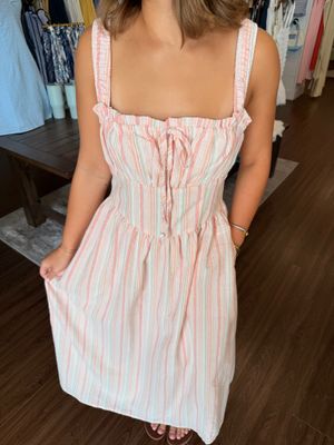 Square Neck Sleeveless Striped Linen Midi Dress