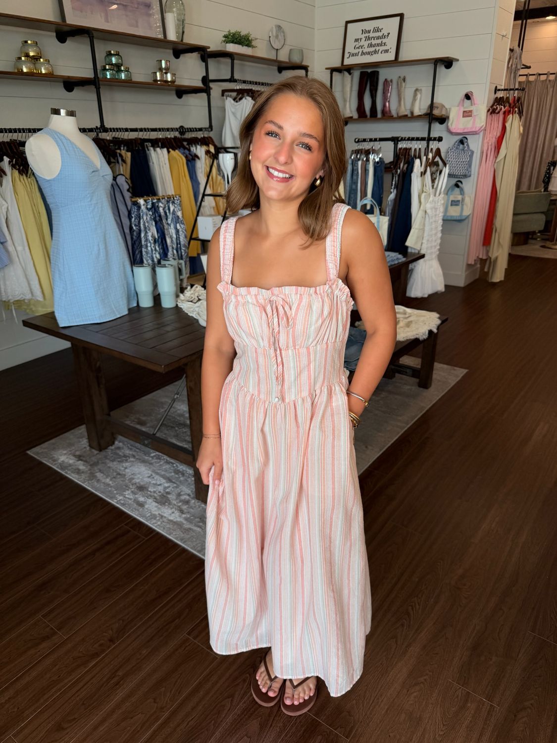 Square Neck Sleeveless Striped Linen Midi Dress
