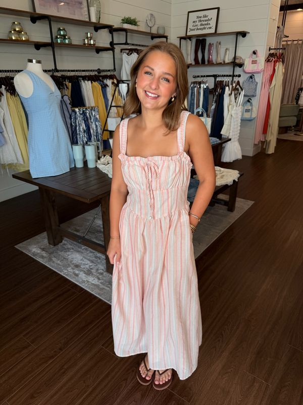 Square Neck Sleeveless Striped Linen Midi Dress