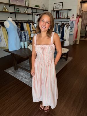 Square Neck Sleeveless Striped Linen Midi Dress