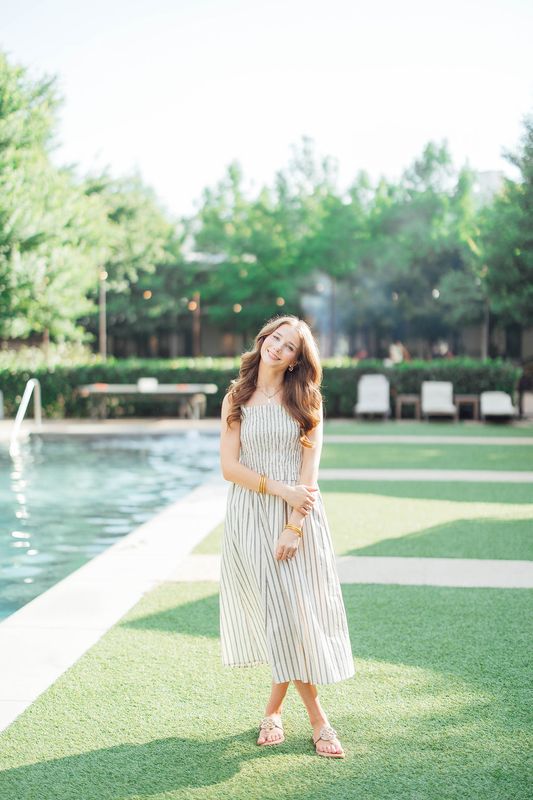 Smocked Bodice Striped Midi Dress