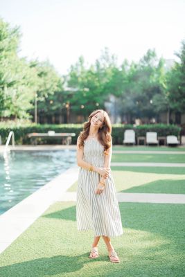 Smocked Bodice Striped Midi Dress