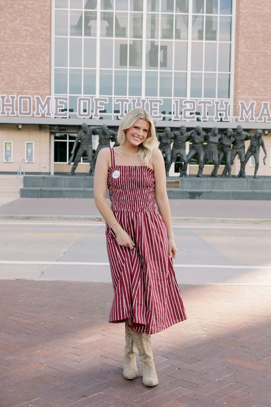 Smocked Bodice Striped Midi Dress